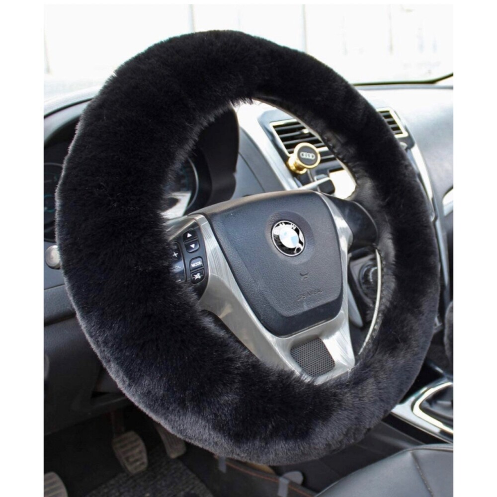 Faux Fur Soft Black Steering Wheel Cover